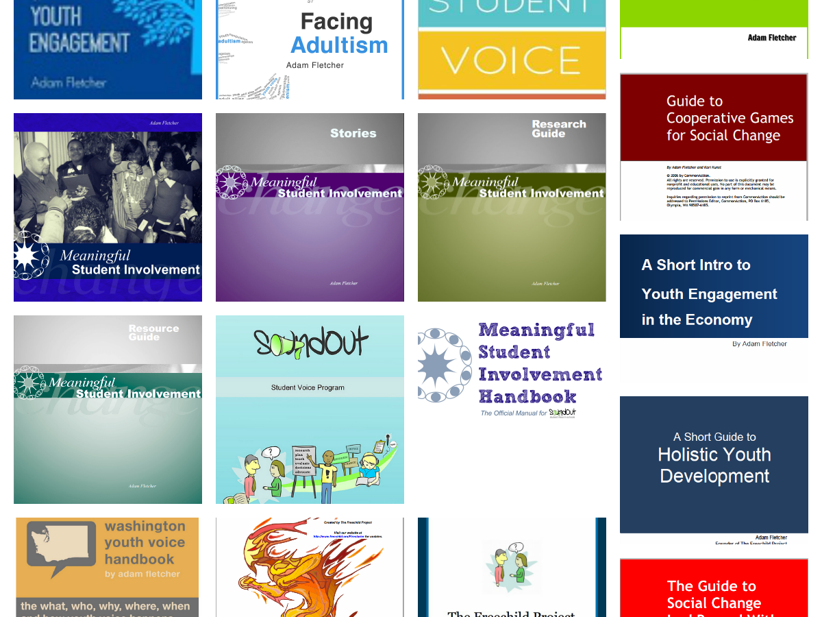 The covers of several Freechild Institute books.